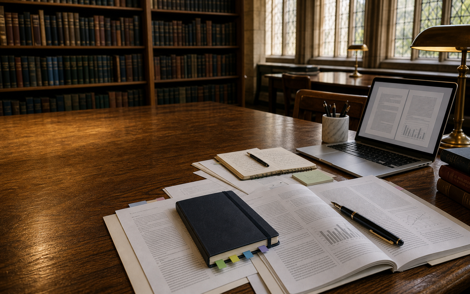 University reading room workspace with thesis research materials, laptop and journal articles